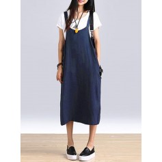 Vintage Sleeveless Solid Color Straps Cotton Plus Size Dress