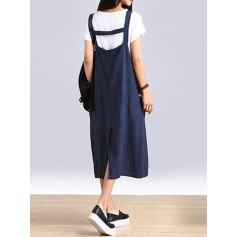Vintage Sleeveless Solid Color Straps Cotton Plus Size Dress