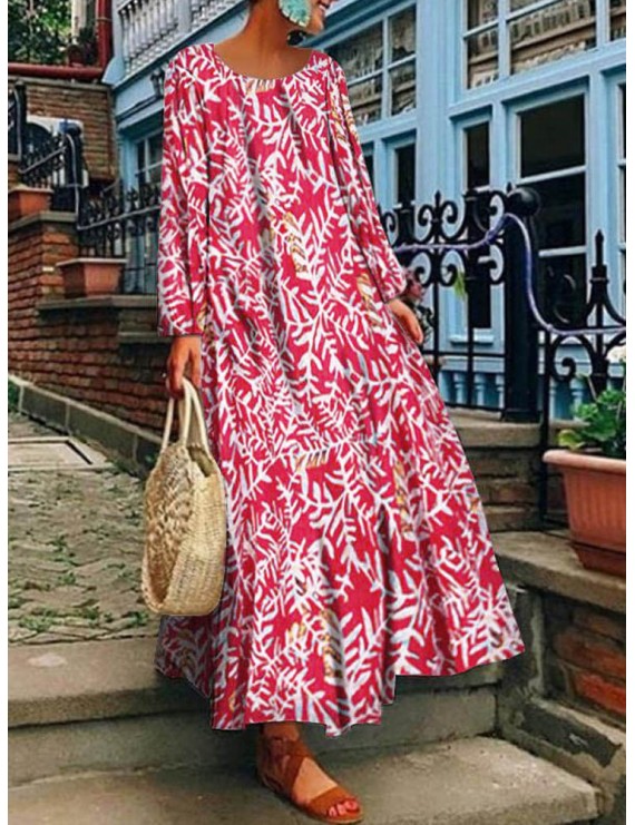 Leaves Print Long Sleeve Casual Plus Size Maxi Dress