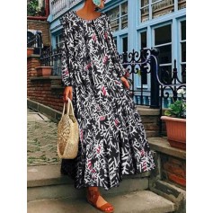Leaves Print Long Sleeve Casual Plus Size Maxi Dress