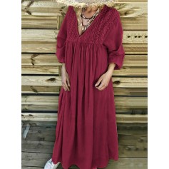Embroidery Lace V-neck Long Sleeve Plus Size Maxi Dress