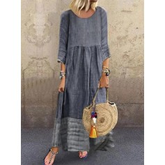Solid Color Patchwork 3/4 Sleeve Casual Plus Size Dress