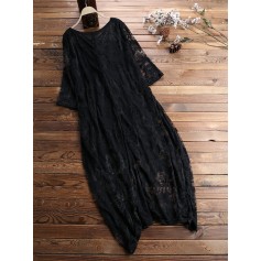 Vintage Lace Hollow 3/4 Sleeve Layers Plus Size Maxi Dress