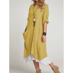Casual Solid Color Pockets Long Sleeve Plus Size Dress