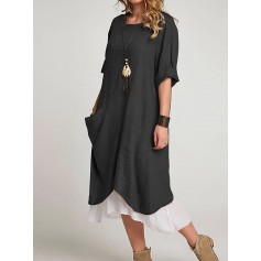 Casual Solid Color Pockets Long Sleeve Plus Size Dress