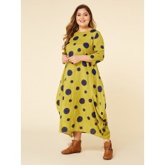Polka Dot Print Irregular Hem 3/4 Sleeve Plus Size Maxi Dress