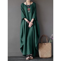 Vintage Women Solid 3/4 Sleeve Loose Maxi Dress For Women