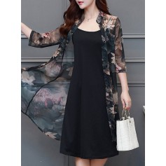 Vintage Solid Strap Dress Printed Long Sleeve Cardigan Women Two Piece Dress