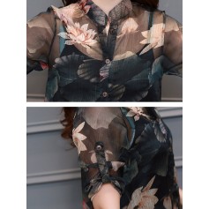 Vintage Solid Strap Dress Printed Long Sleeve Cardigan Women Two Piece Dress