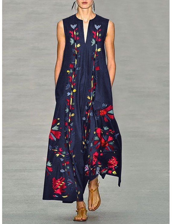 Bohemian Floral Print Sleeveless V-neck Plus Size Maxi Dress