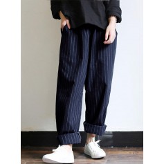 Stripes Pockets Elastic Waist Loose Plus Size Vintage Pants