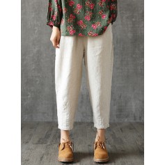 Vintage Solid Color Elastic Waist Cotton Harem Pants
