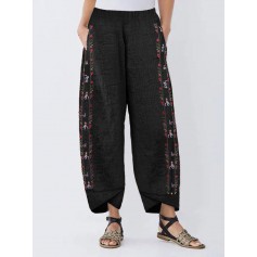 Casual Embroidery Elastic Waist Plus Size Pants with Pockets