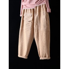 Corduroy Pockets Elastic Waist Cargo Pants for Women
