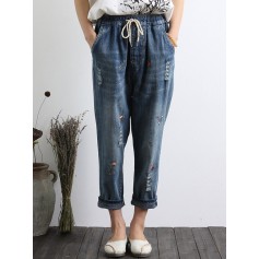 Casual Embroidered Denim Elastic Waist Pants for Women