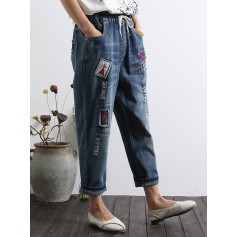 Casual Embroidered Denim Elastic Waist Pants for Women