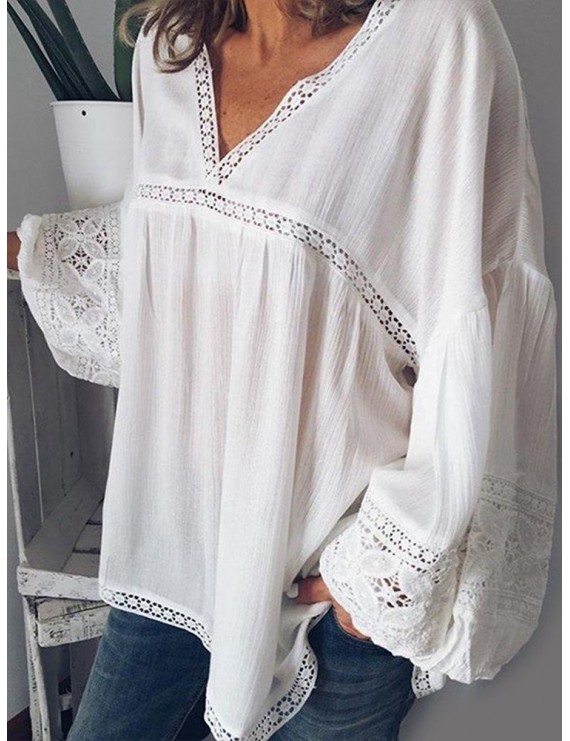 Lace Patchwork Hollow Long Sleeve Blouse For Women