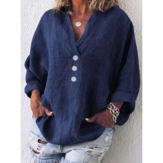 Button Solid Color Loose Long Sleeve Blouse For Women