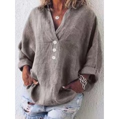 Button Solid Color Loose Long Sleeve Blouse For Women