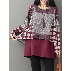 Casual Printed Two-Layer O-Neck Women Blouses
