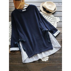 Fake Two Pieces Stripe Patchwork Bandage Casual Blouses