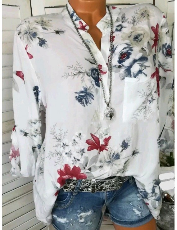 Floral Print Stand Collar Long Sleeve Chiffon Blouse