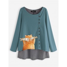 Cartoon Cat Stripe Fake Two Pieces Long Sleeve Blouse