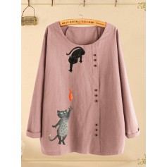 Button Cartoon Cat Print Long Sleeve Blouse For Women