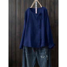Front Button Crew Neck Long Sleeve Casual Shirt