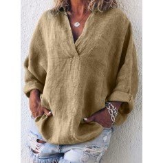 Lapel Solid Color Loose Long Sleeve Blouse For Women