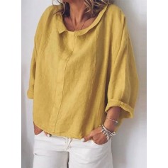 Solid Color Turn-down Collar Long Sleeve Loose Blouse
