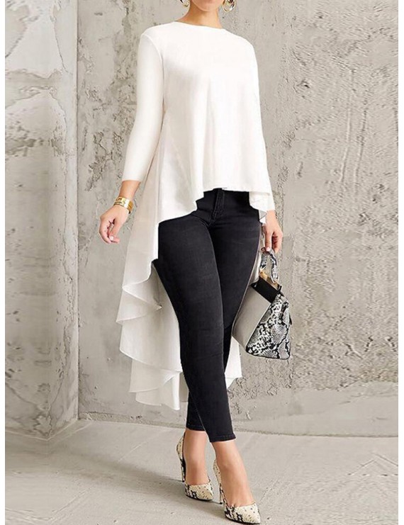 Solid Color Asymmetrical High Low Blouse