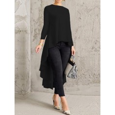 Solid Color Asymmetrical High Low Blouse
