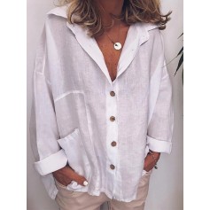 Lapel Long Sleeve Solid Color Loose Blouse For Women
