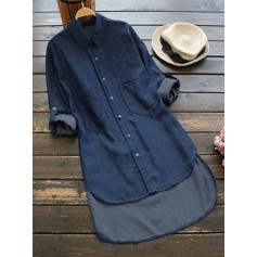 Denim Irregular Solid Color Long Sleeve Button Casual Shirts