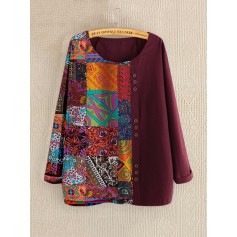 Ethnic Print Patchwork Long Sleeve Button Blouse For Women
