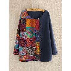 Ethnic Print Patchwork Long Sleeve Button Blouse For Women