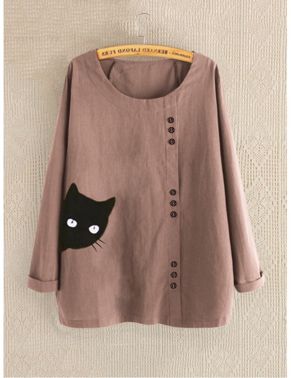 Casual Cat Cartoon O-neck Button Shirt For Women