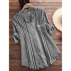 Patchwork Stripe Print Stand Collar Irregular Casual Shirts
