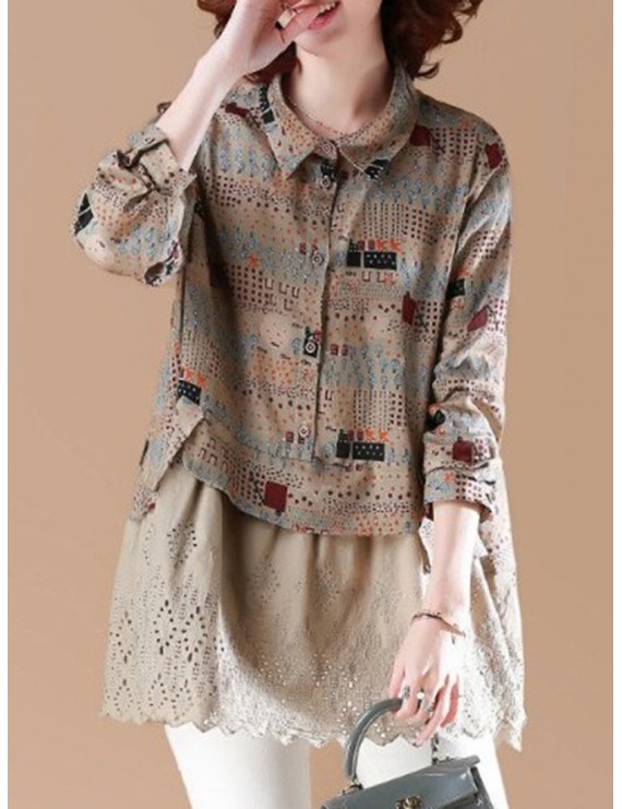 VIntage Floral Patchwork Fake Two Pieces Shirt