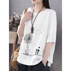 Summer Print Flower Casual Short Sleeve Cotton T-Shirt
