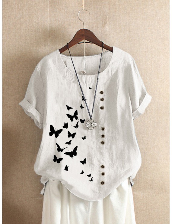 Butterflies Print Button Short Sleeve Casual T-shirt For Women