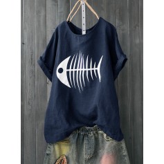 Print Fish Bone Casual Short Sleeve Cute T-Shirt
