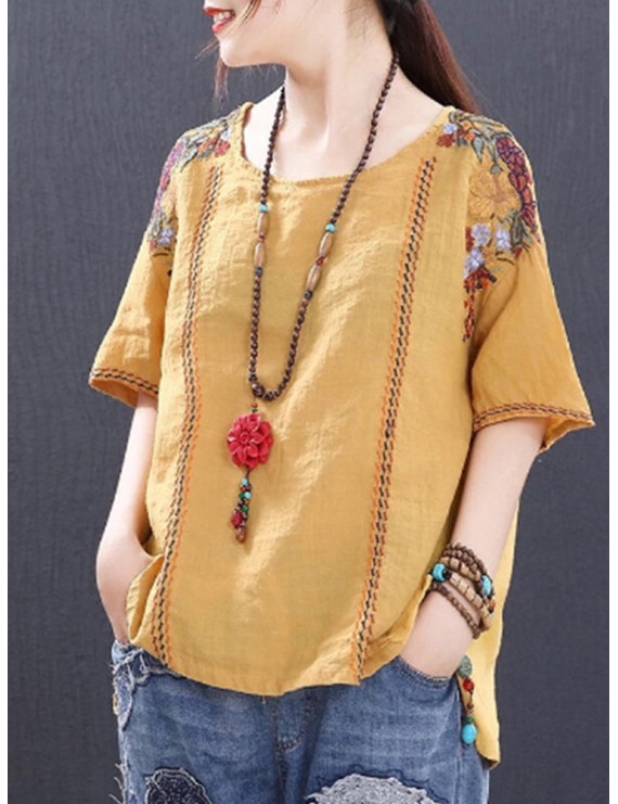 Embroidery Loose Crew Neck Short Sleeve Casual T-Shirt