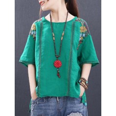 Embroidery Loose Crew Neck Short Sleeve Casual T-Shirt
