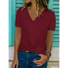 Solid Color V Neck Short Sleeve Overhead Casual T-Shirt