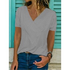 Solid Color V Neck Short Sleeve Overhead Casual T-Shirt