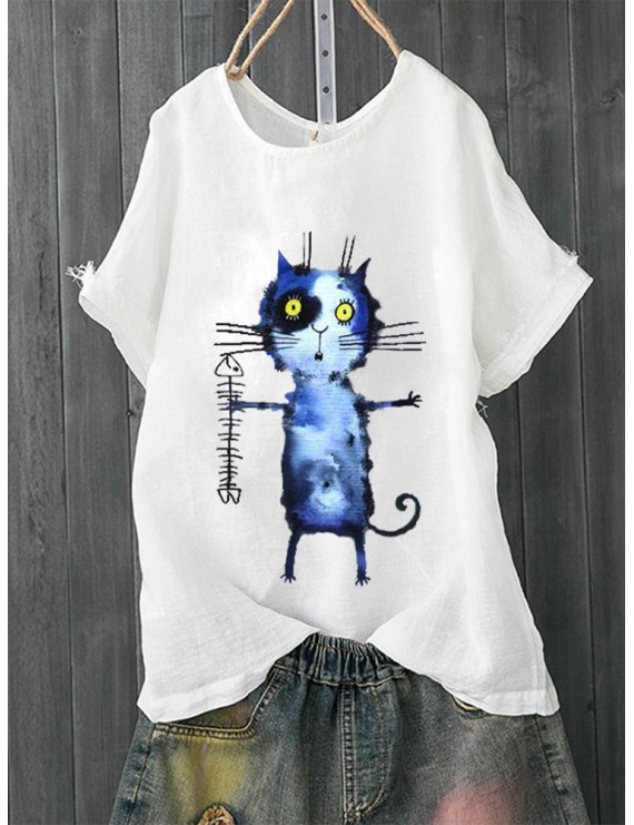 Cartoon Cat Fish Bone Casual T-shirt For Women