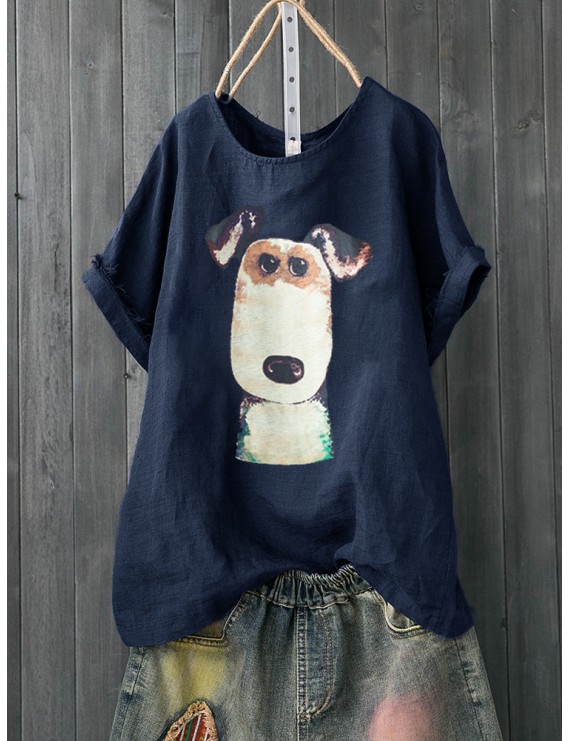 Cartoon Dog Print Short Sleeve Casual T-shirt For Women
