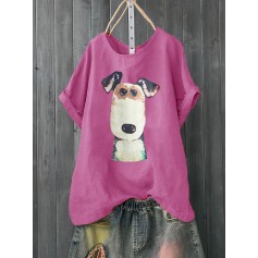 Cartoon Dog Print Short Sleeve Casual T-shirt For Women